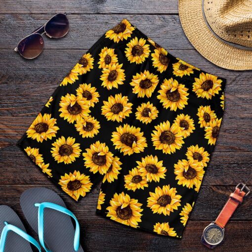 Black Sunflower Pattern Print Men's Shorts
