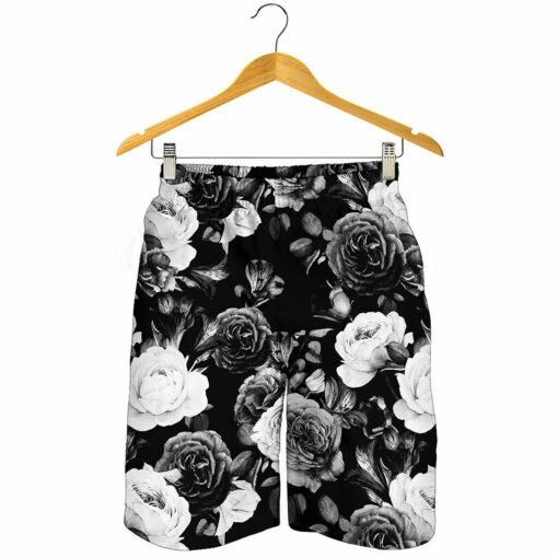 Black White Rose Floral Pattern Print Men's Shorts