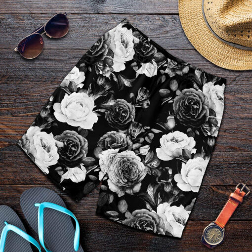 Black White Rose Floral Pattern Print Men's Shorts