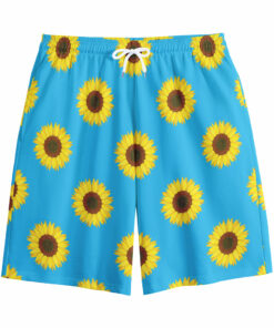 Blue Cute Sunflower Pattern Print Cotton Shorts