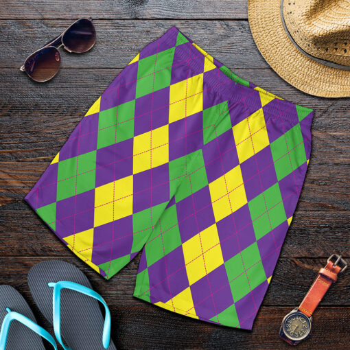 Mardi Gras Argyle Pattern Print Men's Shorts