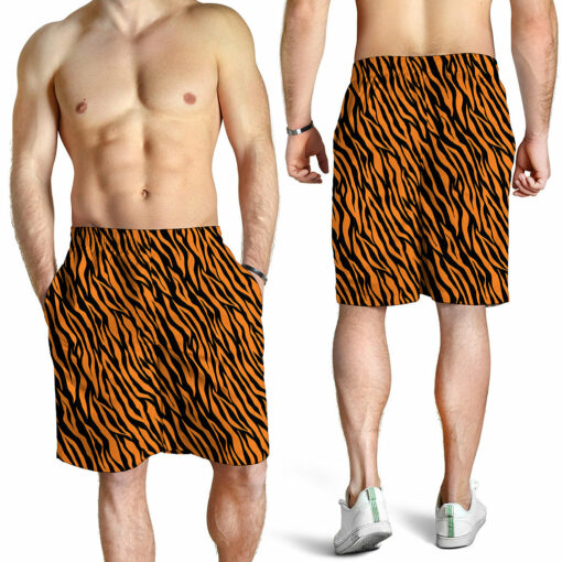 Orange And Black Tiger Stripe Print Men's Shorts