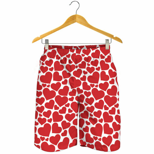 Red And White Heart Pattern Print Men's Shorts