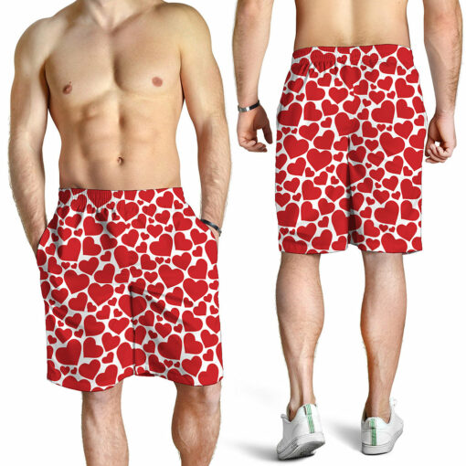 Red And White Heart Pattern Print Men's Shorts