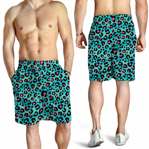Turquoise And Pink Leopard Print Men's Shorts
