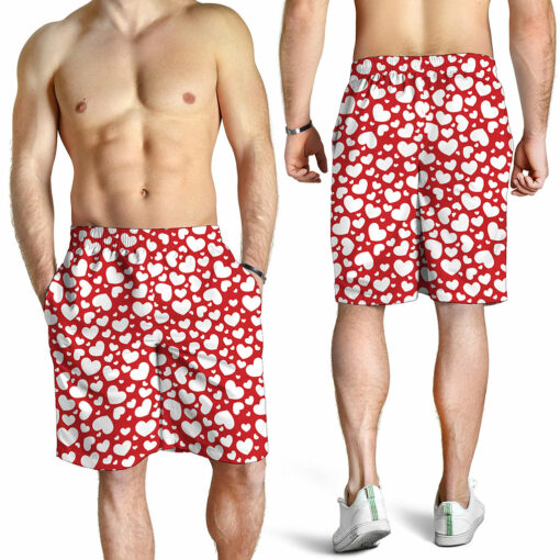 White And Red Heart Pattern Print Men's Shorts