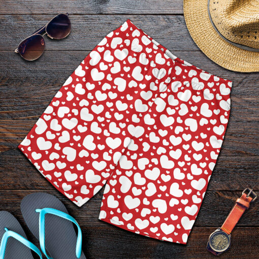 White And Red Heart Pattern Print Men's Shorts