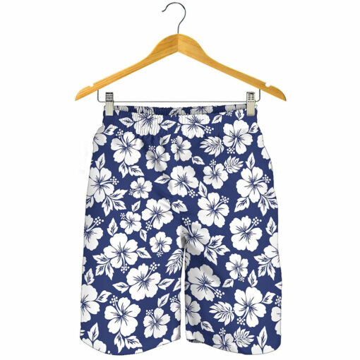 White Blue Hibiscus Floral Pattern Print Men's Shorts