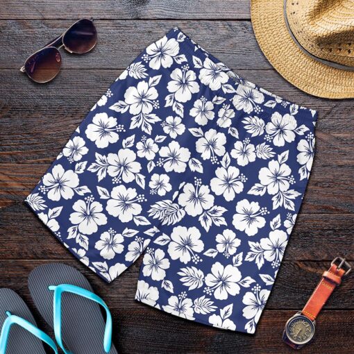 White Blue Hibiscus Floral Pattern Print Men's Shorts