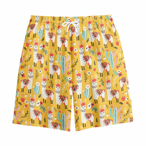 Yellow Llama Pattern Print Cotton Shorts