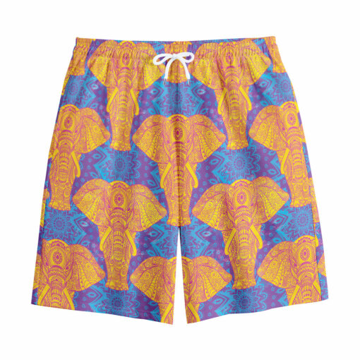 Yellow Mandala Elephant Pattern Print Cotton Shorts