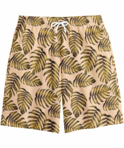 Yellow Monstera Leaves Pattern Print Cotton Shorts