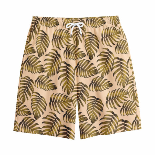 Yellow Monstera Leaves Pattern Print Cotton Shorts
