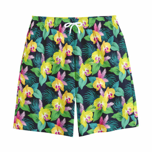 Yellow Orchid Pattern Print Cotton Shorts