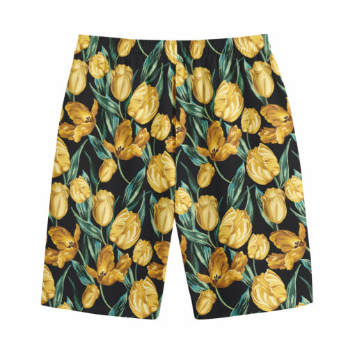 Yellow Tulip Floral Pattern Print Cotton Shorts
