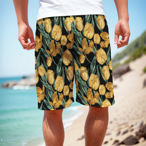 Yellow Tulip Floral Pattern Print Men's Cargo Shorts