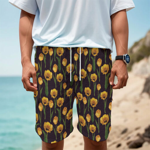 Yellow Tulip Flower Pattern Print Men's Cargo Shorts