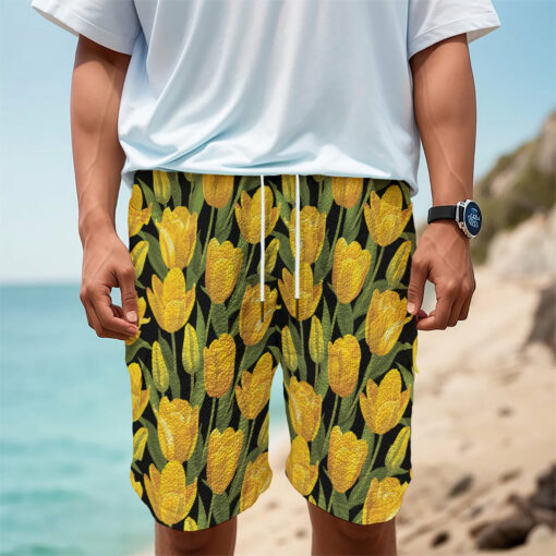 Yellow Tulip Pattern Print Men's Cargo Shorts