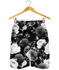 Black White Rose Floral Pattern Print Men's Shorts