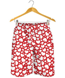 White And Red Heart Pattern Print Men's Shorts