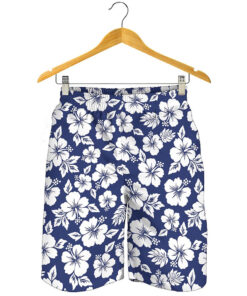 White Blue Hibiscus Floral Pattern Print Men's Shorts