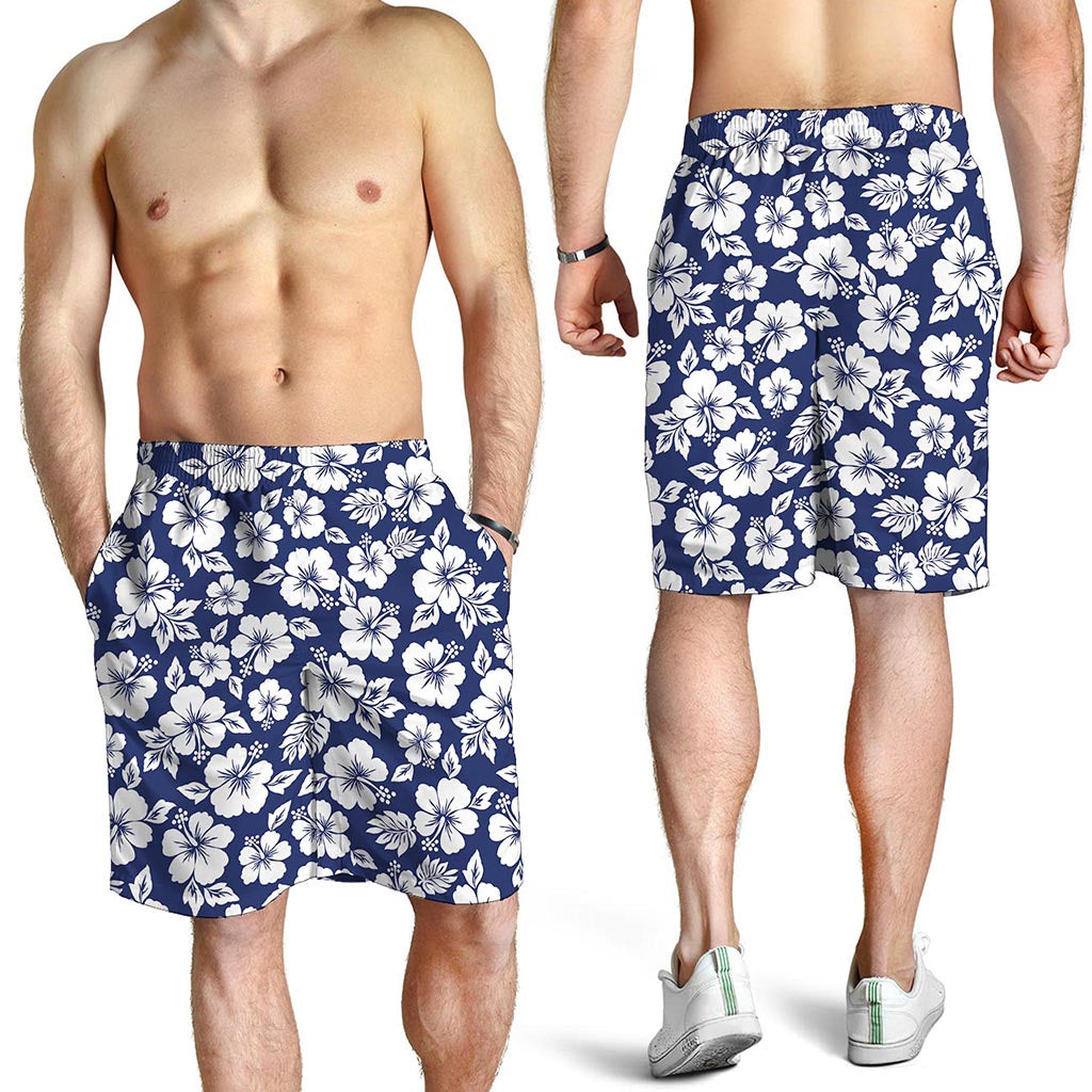 White Blue Hibiscus Floral Pattern Print Men's Shorts White Blue Hibiscus Floral Pattern Print Men's Shorts