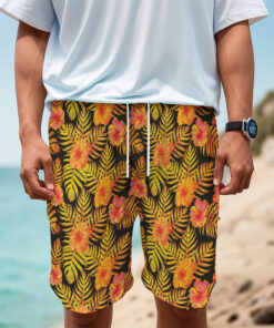 Yellow Hawaiian Tropical Pattern Print Men's Cargo Shorts