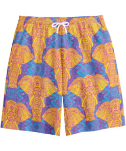 Yellow Mandala Elephant Pattern Print Cotton Shorts