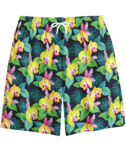Yellow Orchid Pattern Print Cotton Shorts