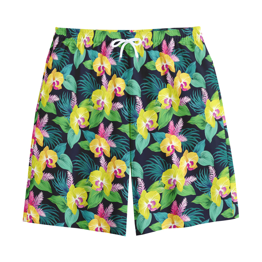 Yellow Orchid Pattern Print Cotton Shorts Yellow Orchid Pattern Print Cotton Shorts