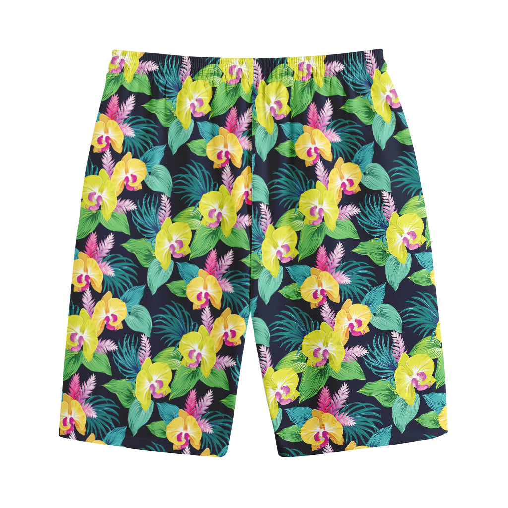 Yellow Orchid Pattern Print Cotton Shorts Yellow Orchid Pattern Print Cotton Shorts