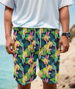 Yellow Orchid Pattern Print Men's Cargo Shorts