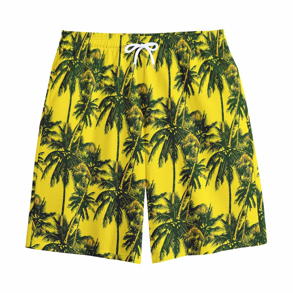 Yellow Palm Tree Pattern Print Cotton Shorts Yellow Palm Tree Pattern Print Cotton Shorts