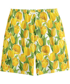 Yellow Spring Tulip Pattern Print Cotton Shorts