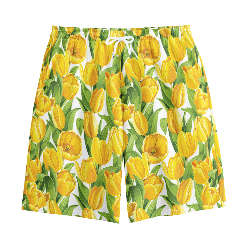 Yellow Spring Tulip Pattern Print Cotton Shorts Yellow Spring Tulip Pattern Print Cotton Shorts