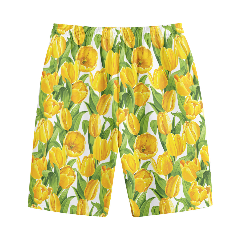 Yellow Spring Tulip Pattern Print Cotton Shorts Yellow Spring Tulip Pattern Print Cotton Shorts