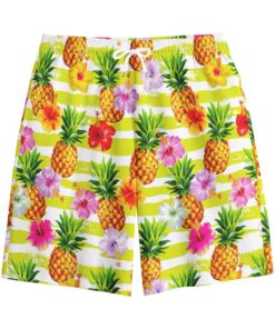 Yellow Striped Pineapple Pattern Print Cotton Shorts