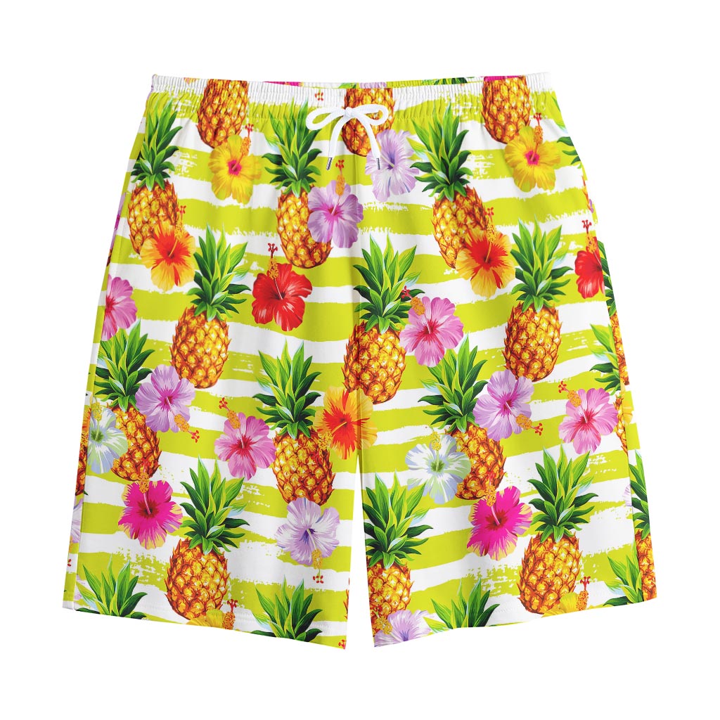 Yellow Striped Pineapple Pattern Print Cotton Shorts Yellow Striped Pineapple Pattern Print Cotton Shorts