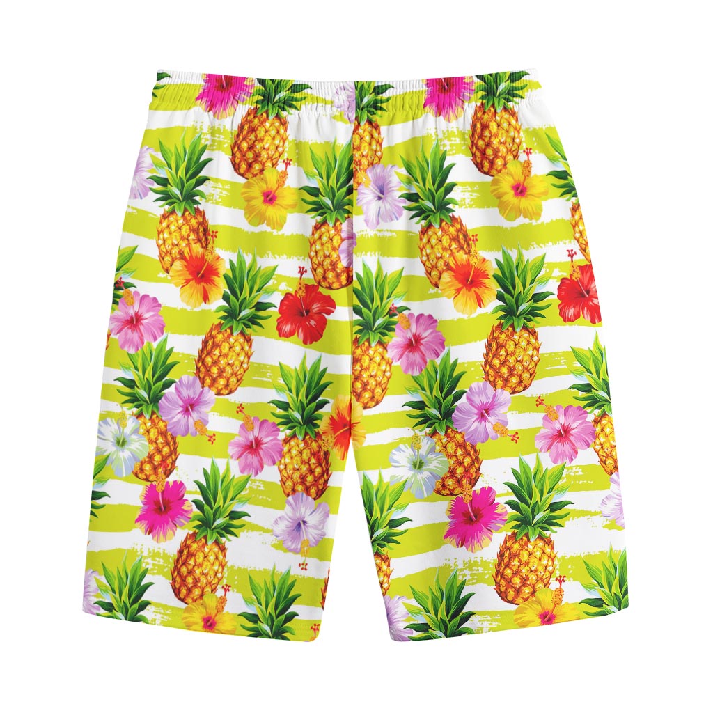 Yellow Striped Pineapple Pattern Print Cotton Shorts Yellow Striped Pineapple Pattern Print Cotton Shorts