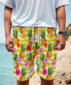 Yellow Striped Pineapple Pattern Print Men's Cargo Shorts