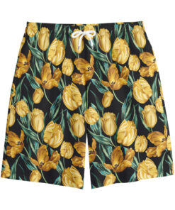 Yellow Tulip Floral Pattern Print Cotton Shorts