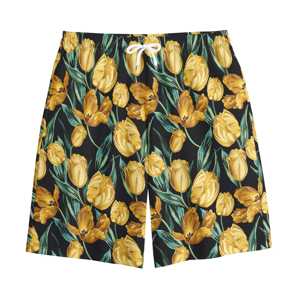 Yellow Tulip Floral Pattern Print Cotton Shorts Yellow Tulip Floral Pattern Print Cotton Shorts