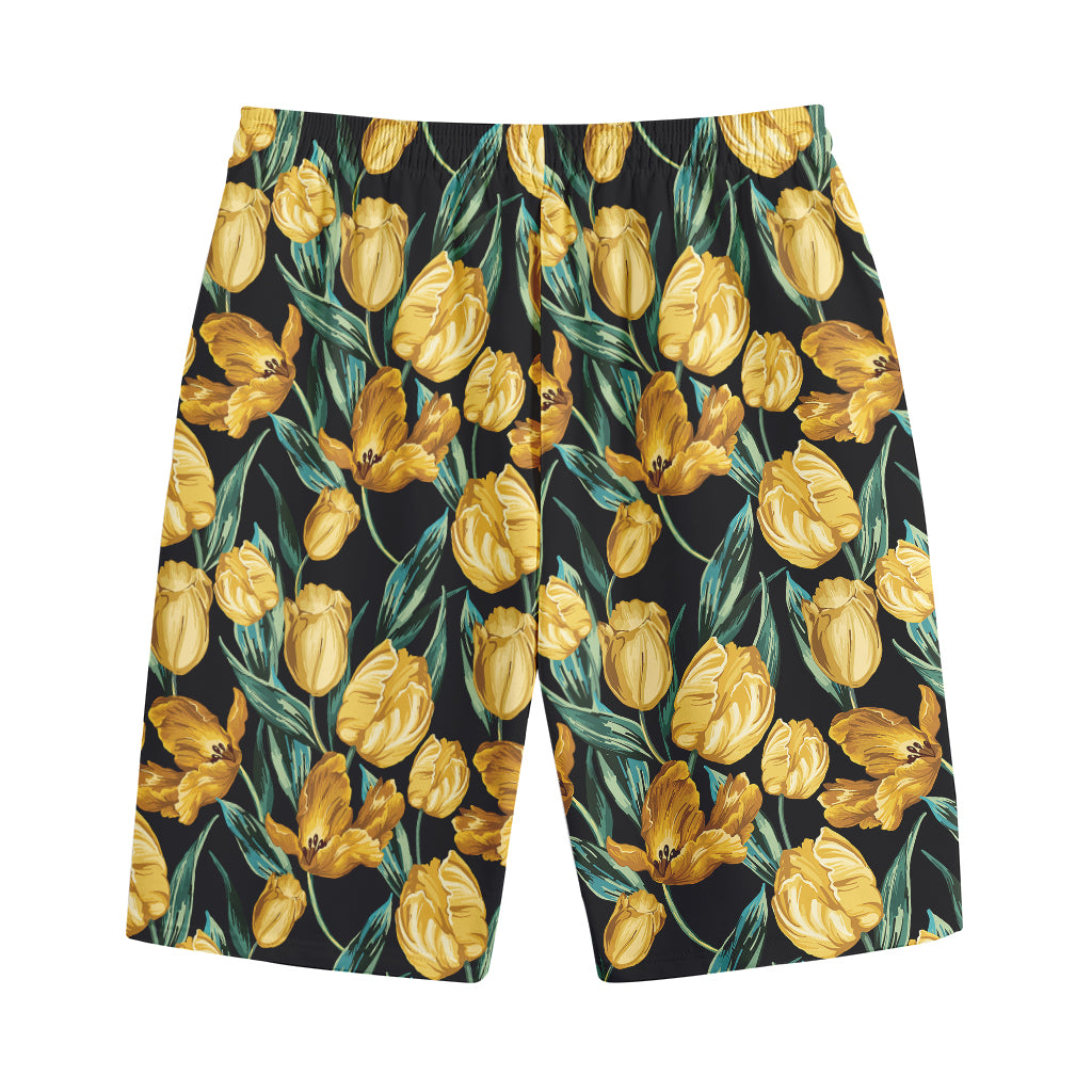 Yellow Tulip Floral Pattern Print Cotton Shorts Yellow Tulip Floral Pattern Print Cotton Shorts