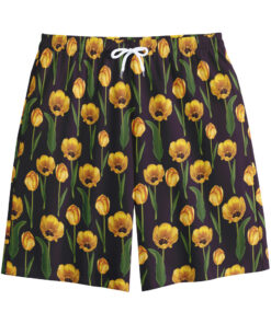 Yellow Tulip Flower Pattern Print Cotton Shorts
