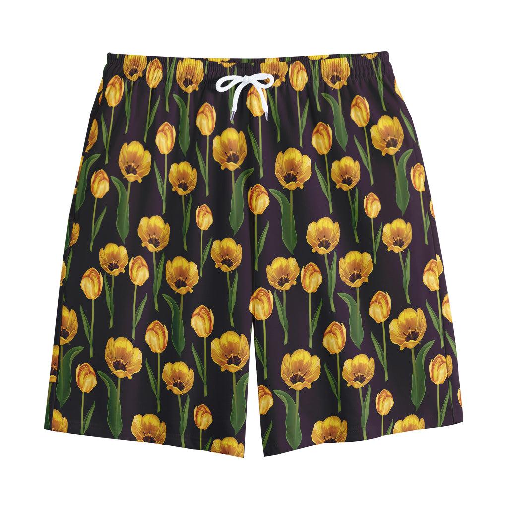 Yellow Tulip Flower Pattern Print Cotton Shorts Yellow Tulip Flower Pattern Print Cotton Shorts