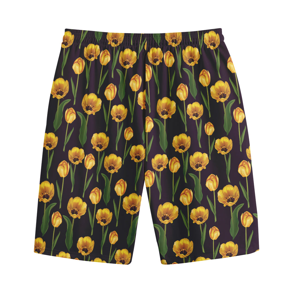 Yellow Tulip Flower Pattern Print Cotton Shorts Yellow Tulip Flower Pattern Print Cotton Shorts