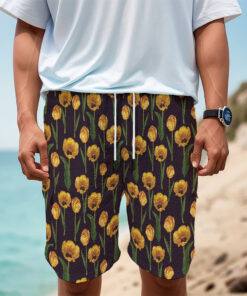 Yellow Tulip Flower Pattern Print Men's Cargo Shorts