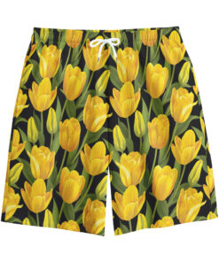 Yellow Tulip Pattern Print Cotton Shorts