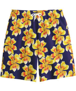 Yellow Watercolor Lily Pattern Print Cotton Shorts