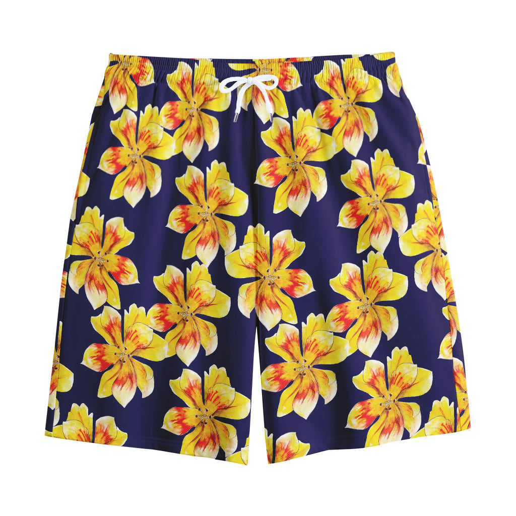 Yellow Watercolor Lily Pattern Print Cotton Shorts Yellow Watercolor Lily Pattern Print Cotton Shorts